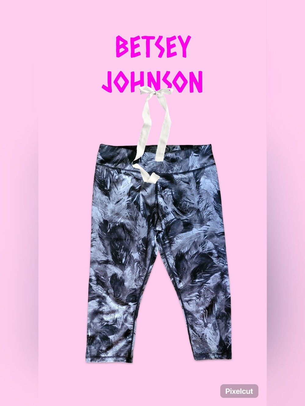 Betsey Johnson Black & Gray Feather-Print Leggings Medium